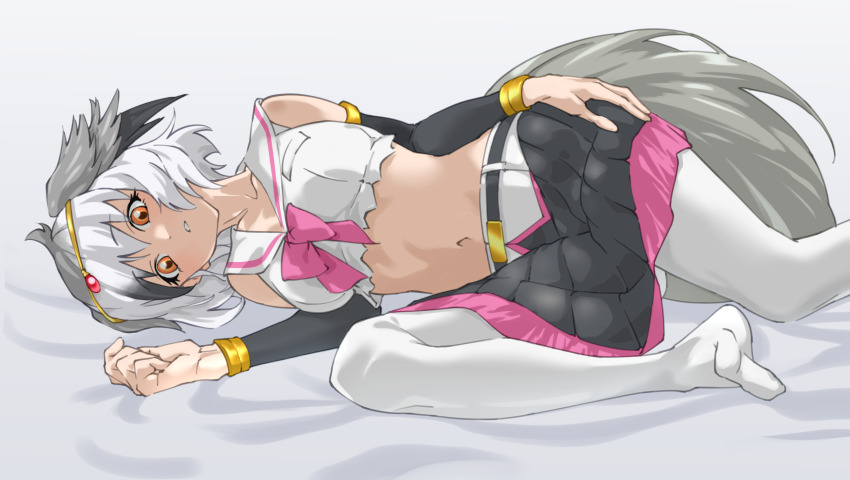 1girl, bare_shoulders, bird_girl, bird_tail, bird_wings, black_skirt, black_sleeves, bow