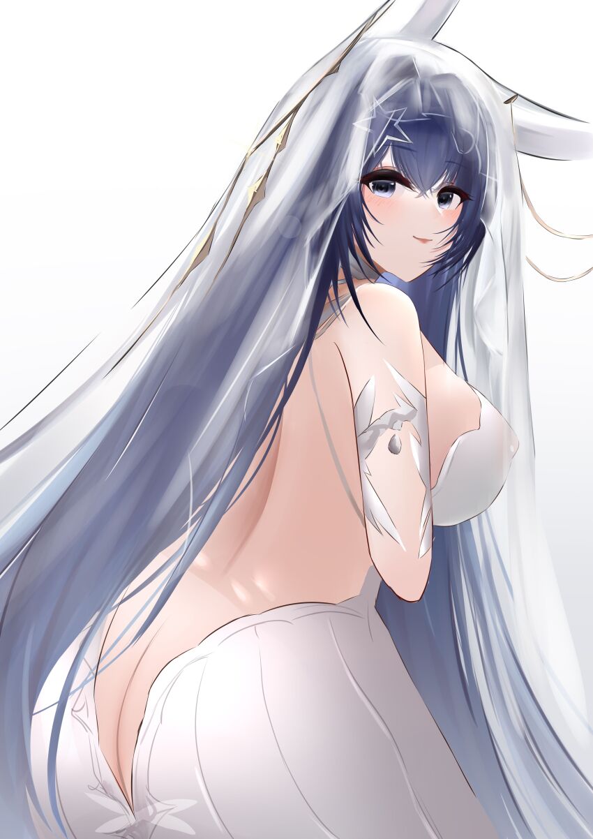 1girl, absurdres, animal_ears, ass, azur_lane, backless_dress, backless_outfit, breasts, bridal_veil, bride, butt_crack, cowboy_shot, dress, fake_animal_ears, highres, k1hzz, large_breasts, long_hair, looking_at_viewer, new_jersey_(azur_lane), new_jersey_(snow-white_ceremony)_(azur_lane), official_alternate_costume, purple_eyes, purple_hair, rabbit_ears, simple_background, veil, very_long_hair, wedding_dress, white_background