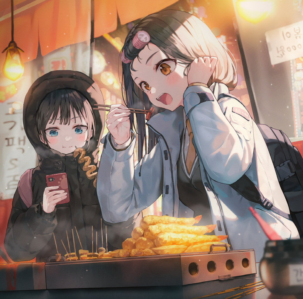 2girls, aqua_eyes, backpack, bag, black_hair, black_jacket, black_sweater_vest, blurry