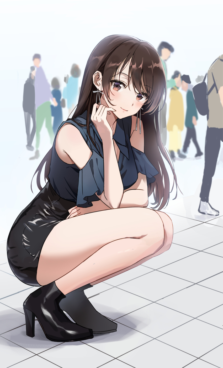 alternate_costume, bare_shoulders, black_eyes, black_footwear, black_skirt, blue_shirt, blurry, blush