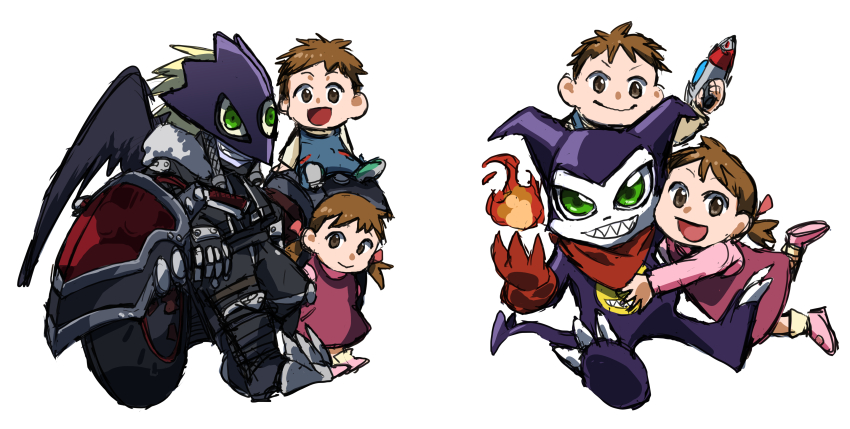 1girl, 2boys, absurdres, ai_(digimon), beelzebumon, beelzebumon_blast_mode, behemoth_(digimon), digimon