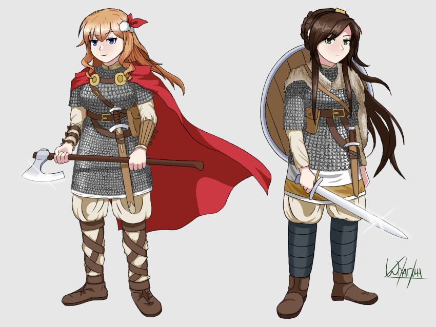 2girls, armor, axe, blue_eyes, brown_hair, cape, chainmail, dagger
