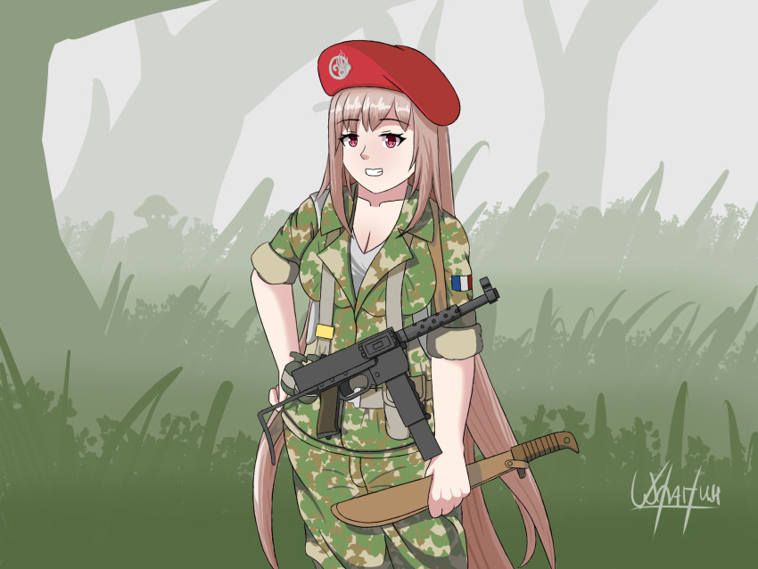 beret, breasts, cleavage, french_army, french_flag, girls'_frontline, gun, hat