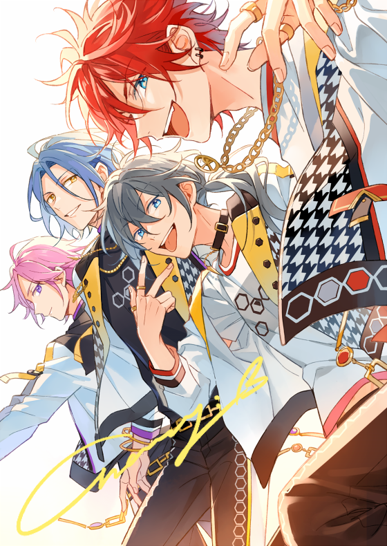 4boys, amagi_rinne, blue_eyes, blue_hair, bracelet, chain, chain_necklace, choker