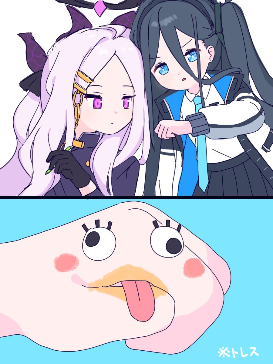 2girls, 2koma, ahoge, aris_(blue_archive), black_gloves, black_hair, black_hairband, black_skirt, blue_archive, blue_eyes, blue_necktie, collared_shirt, comic, gloves, grey_hair, hair_between_eyes, hairband, halo, highres, hina_(blue_archive), holding, holding_pen, horns, jacket, long_hair, long_hair_between_eyes, long_sleeves, looking_at_hand, multiple_girls, multiple_horns, necktie, open_clothes, open_jacket, pen, penguin_(tendouaris), pleated_skirt, purple_eyes, ringed_eyes, shirt, skirt, white_shirt