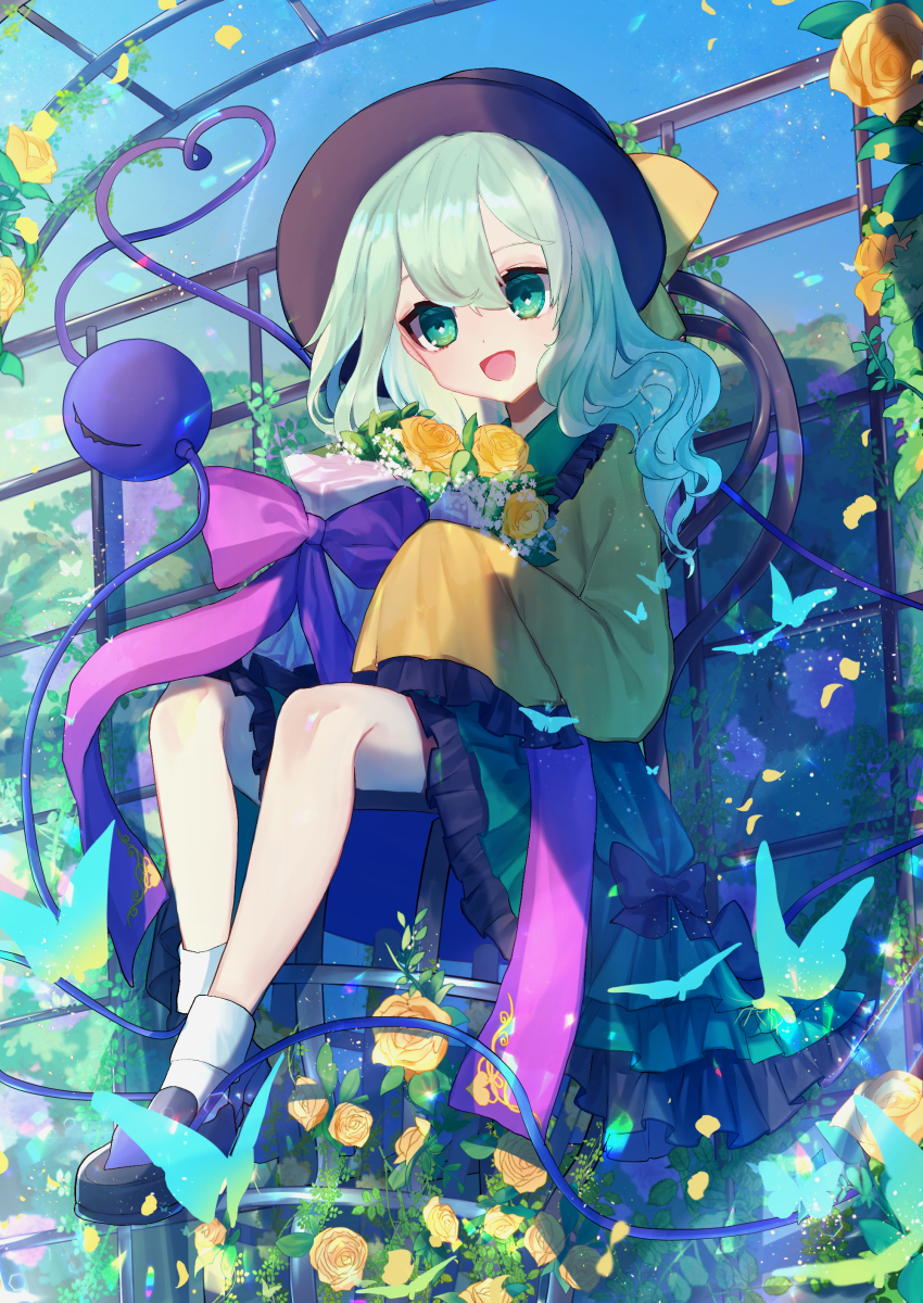 1girl, :d, absurdres, black_bow, black_footwear, black_hat, blue_sky, blush