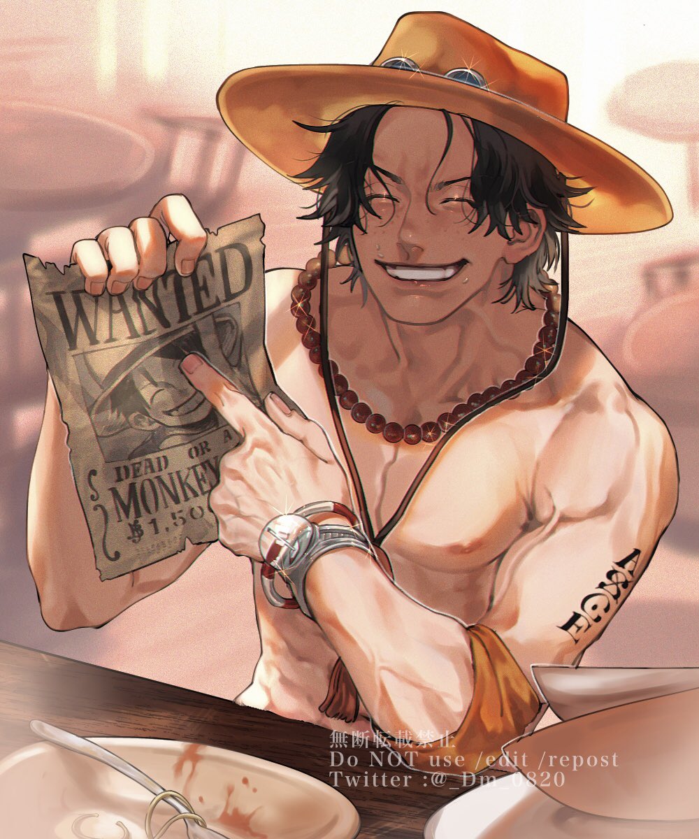 1boy, arm_tattoo, armlet, bead_bracelet, bead_necklace, beads, black_hair, bowl, bracelet, closed_eyes, dm_0820, elbows_on_table, food, food_on_face, freckles, grin, hat, highres, jewelry, male_focus, monkey_d._luffy, muscular, necklace, one_piece, orange_hat, pasta, pectorals, plate, pointing, portgas_d._ace, restaurant, round_eyewear, short_hair, smile, solo, straw_hat, sunglasses, table, tattoo, teeth, topless_male, twitter_username, upper_body, upper_teeth_only, wanted_poster