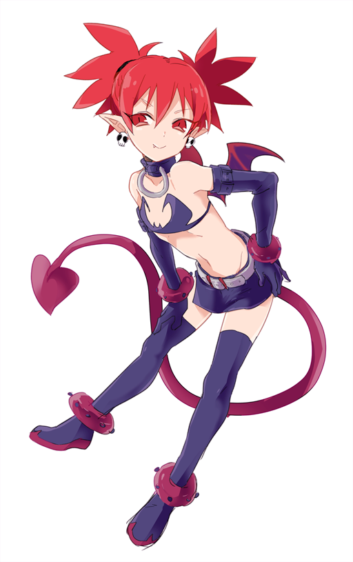 1girl, belt, black_gloves, black_thighhighs, demon_girl, demon_tail, demon_wings, disgaea, earrings, elbow_gloves, etna_(disgaea), fang, gloves, jewelry, leather, leather_skirt, miniskirt, pointy_ears, red_eyes, red_hair, shiman, skirt, skull, skull_earrings, smile, solo, tail, thighhighs, white_background, wings