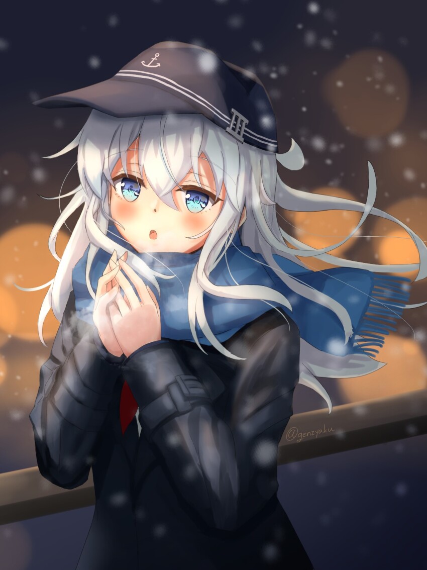 1girl, baseball_cap, black_coat, blue_eyes, blue_scarf, coat, cold, floating_hair