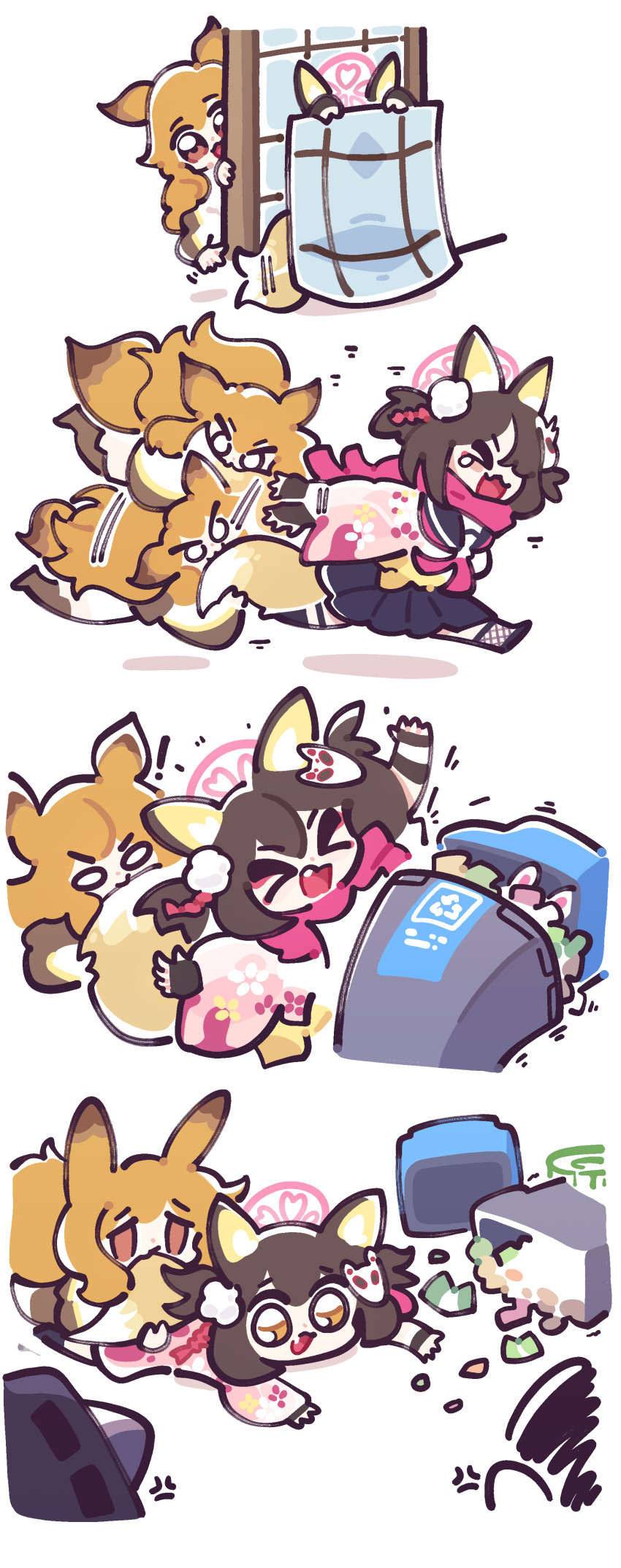 !, >_<, 1boy, 1other, 294_(ranaga), 3girls, absurdres, anger_vein