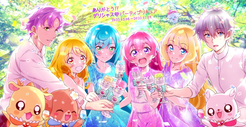 2boys, 4girls, black_pepper_(precure), blonde_hair, blue_eyes, blue_hair, blunt_bangs, blush