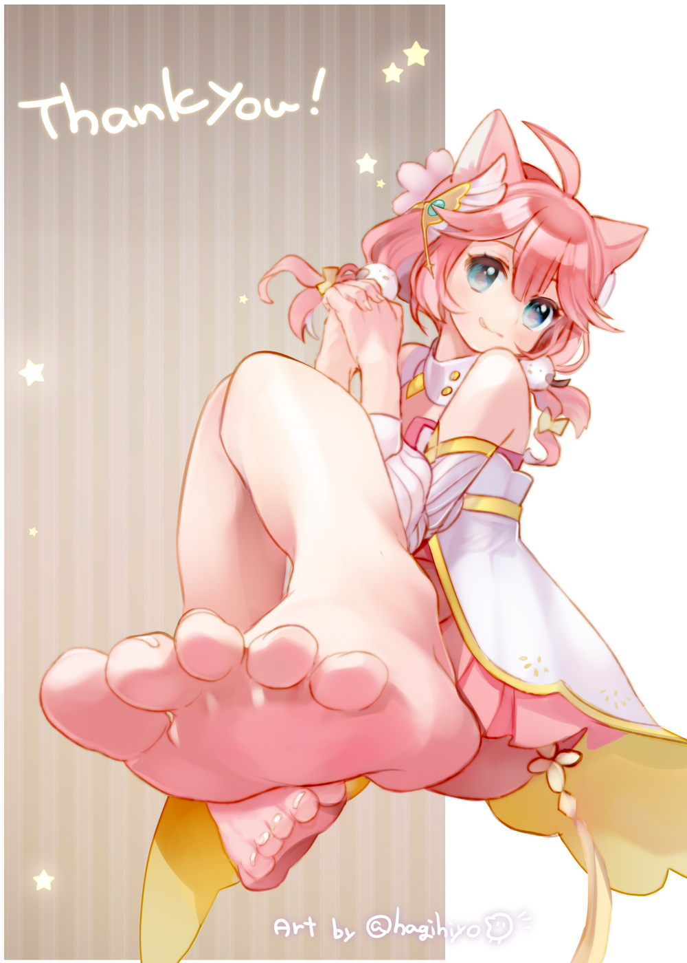 1girl, animal_ears, barefoot, blue_eyes, feet, hagihiyo_(hagihiyo525), highres, licking_lips