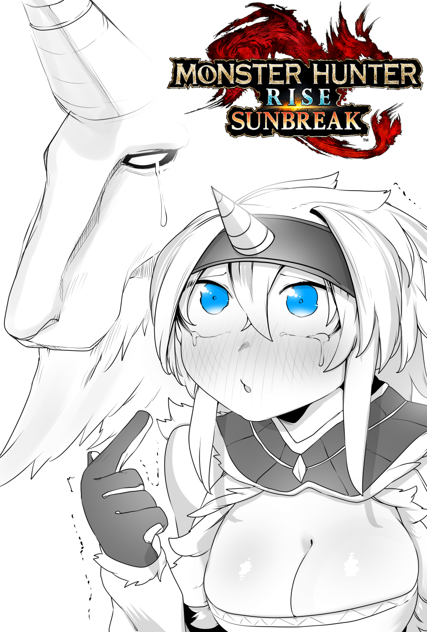 1girl, absurdres, bandeau, blue_eyes, blush, breasts, character_request, cleavage