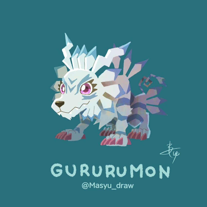 claws, digimon, digimon_(creature), full_body, gururumon, highres, pink_eyes, simple_background