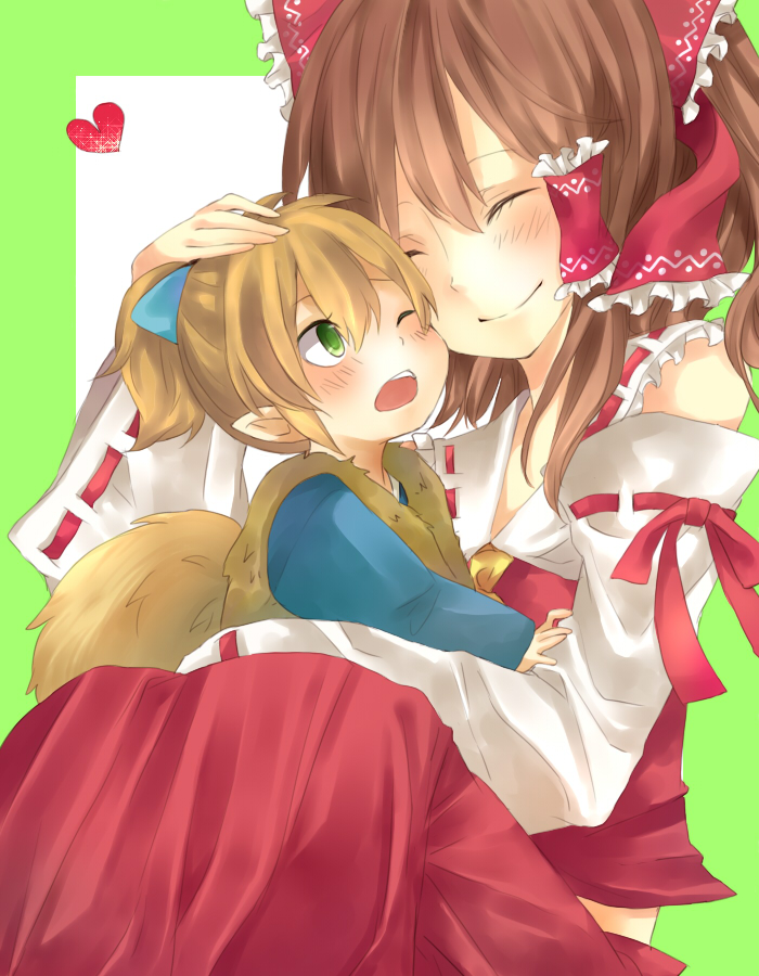 1boy, 1girl, bad_id, bad_pixiv_id, crossover, closed_eyes, gogoma_(yth), hair_ribbon, hakurei_reimu, happy, heart, hetero, hug, inu_yasha, inuyasha, headpat, pointy_ears, ribbon, shippou_(inuyasha), size_difference, smile, touhou, wince