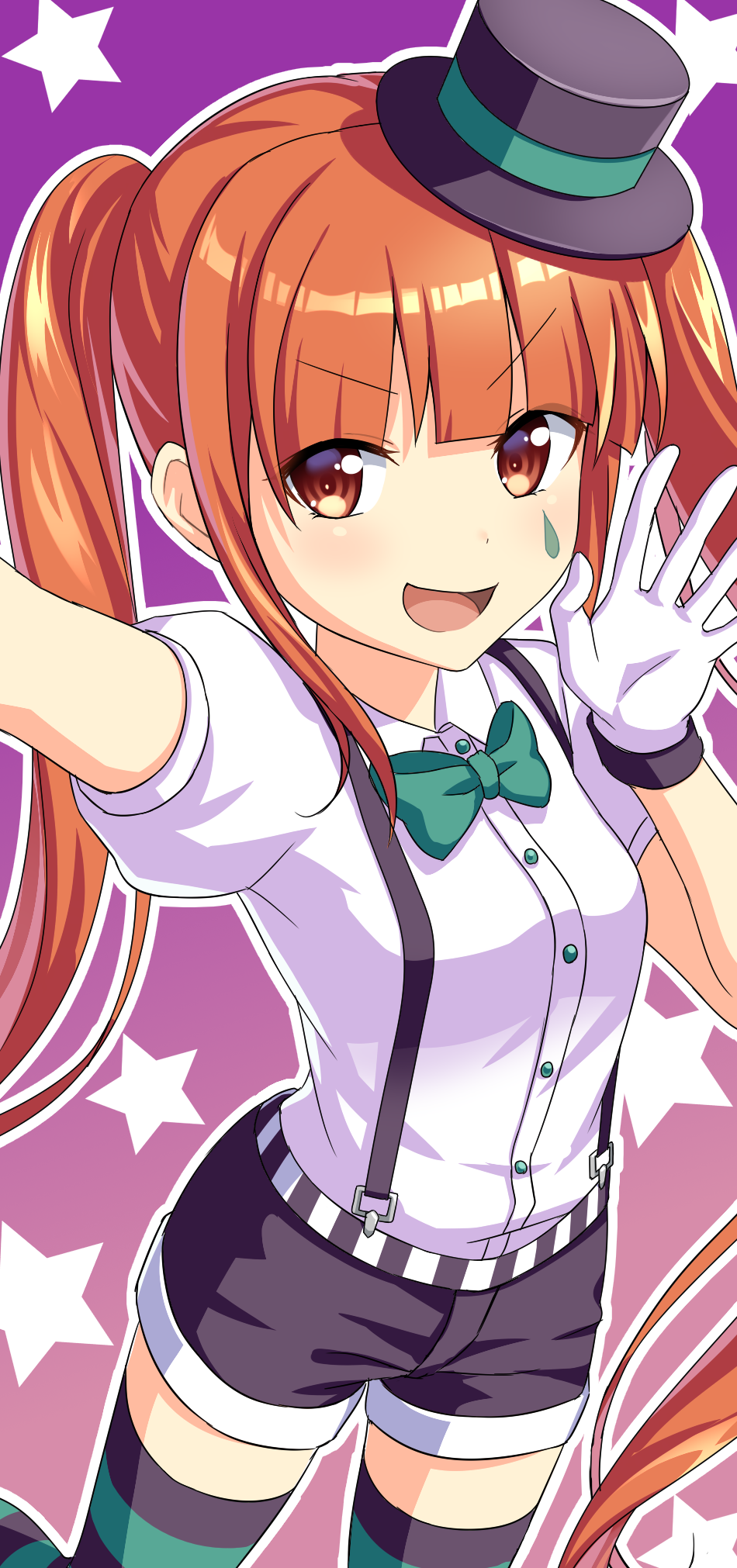 1girl, arm_up, blunt_bangs, blush, bow, bowtie, collared_shirt, facial_mark