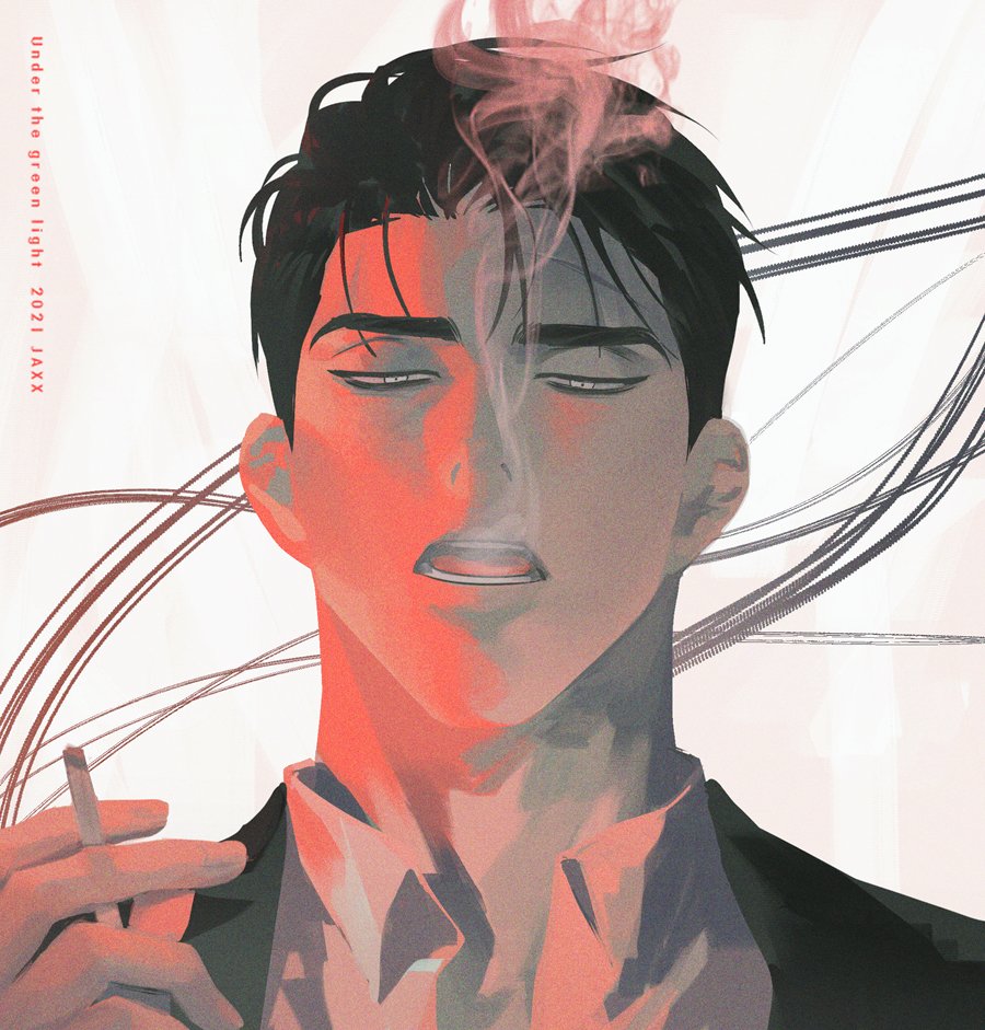1boy, artist_name, black_hair, black_jacket, cigarette, collared_shirt, copyright_name, hair_strand