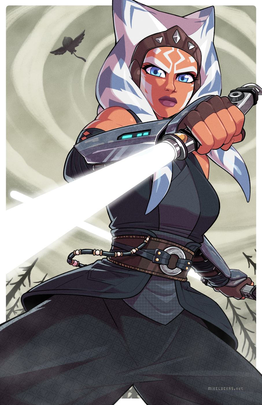 1girl, ahsoka_tano, alien, black_pants, blue_eyes, brown_gloves, brown_lips, colored_skin