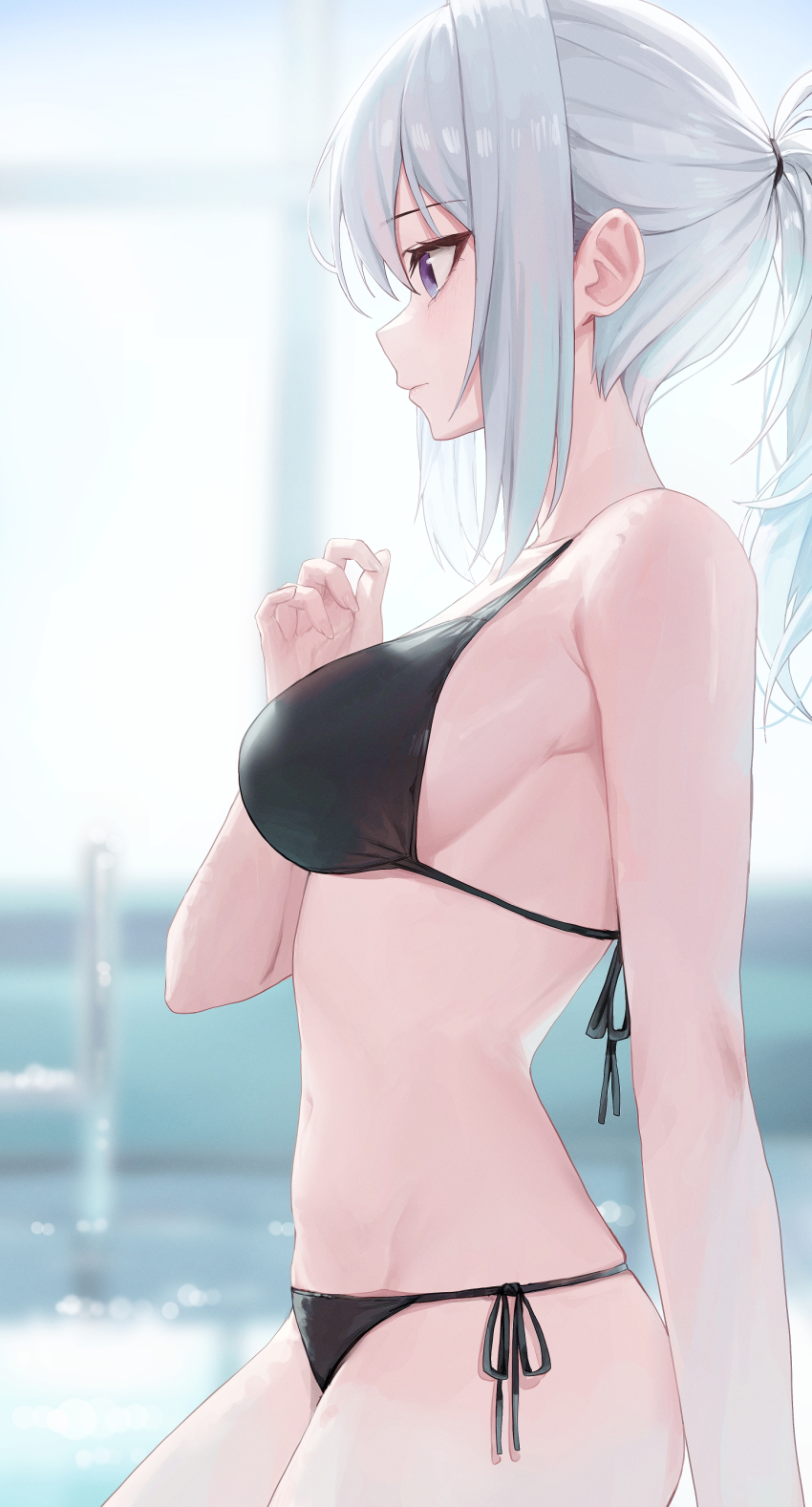 1girl, absurdres, bikini, black_bikini, blurry, blurry_background, blush, breasts