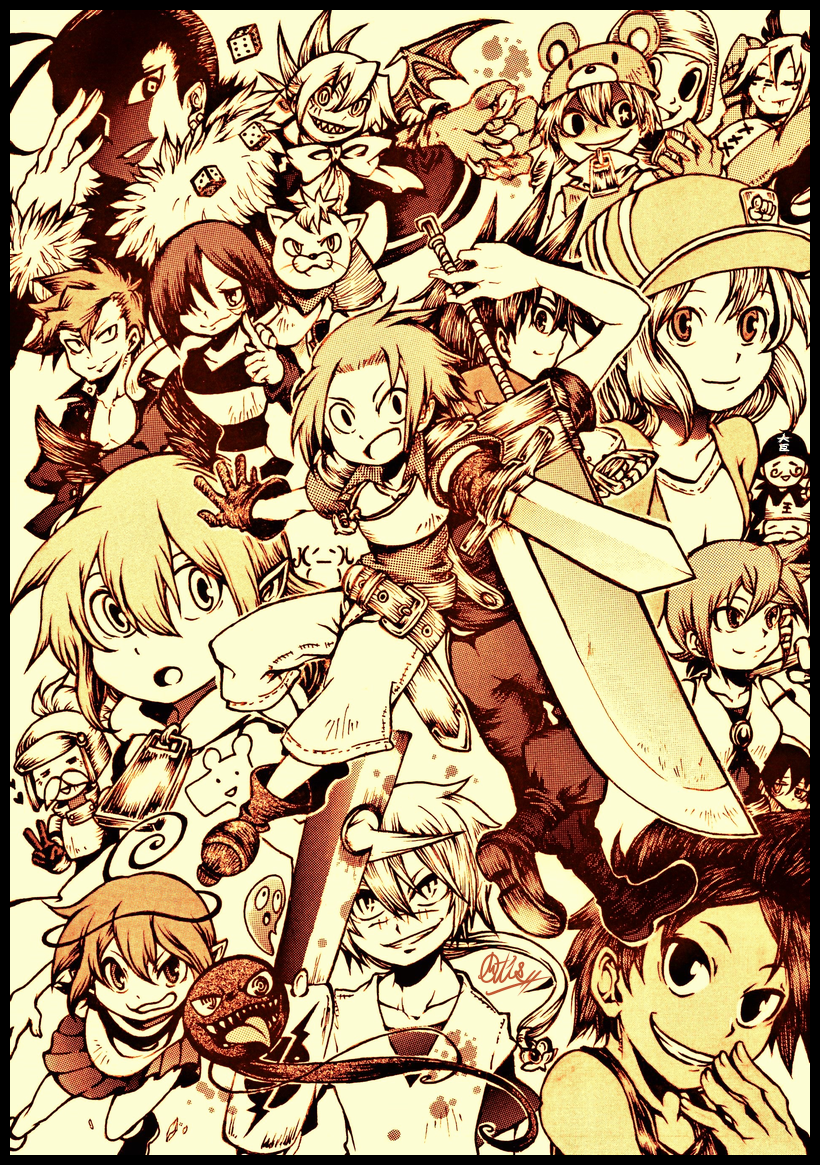 5girls, 6+boys, alba_(senyuu), ares_strahl, armor, august_(senyuu), automatisme, bat_wings, boots, cat, crown, dezember_zwolf, dice, elf_november, februar_zwei, foyfoy, gloves, hat, head_wings, hime-chan, holding, holding_sword, holding_weapon, janua_ein, juli_sieben, king_(senyuu), long_hair, looking_at_viewer, michelajul_lortelia, minister_(senyuu), monochrome, multiple_boys, multiple_girls, neun_september, nisepanda_(senyuu), pointy_ears, rchimedes, ross_(senyuu), ruki_(senyuu), samejima_(senyuu), sen'yuu., shorts, shoulder_armor, slime_(creature), smile, sword, teufel_diabolos, weapon, wings