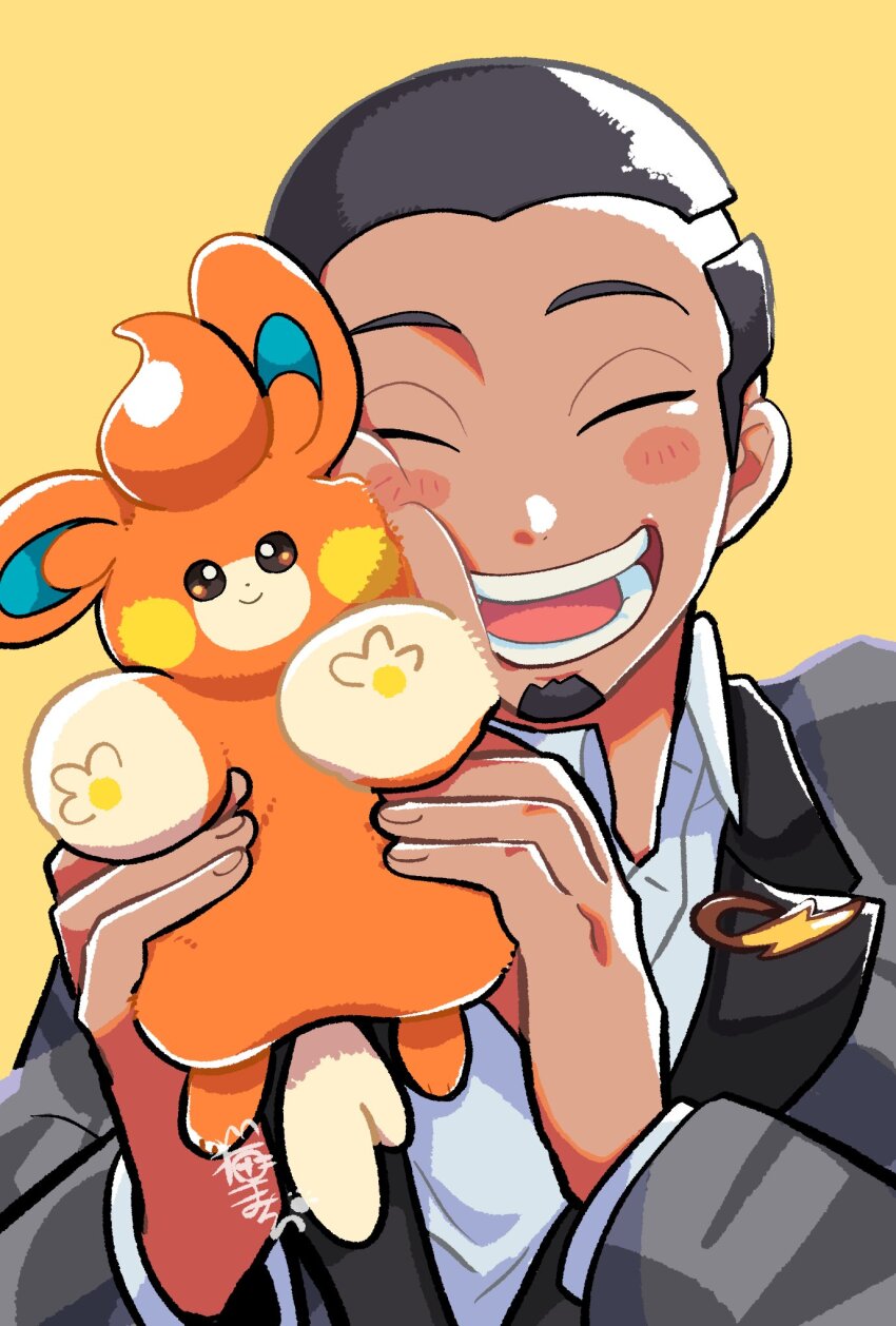 1boy, black_hair, blush_stickers, brown_eyes, buzz_cut, cheek_squash, closed_eyes, closed_mouth