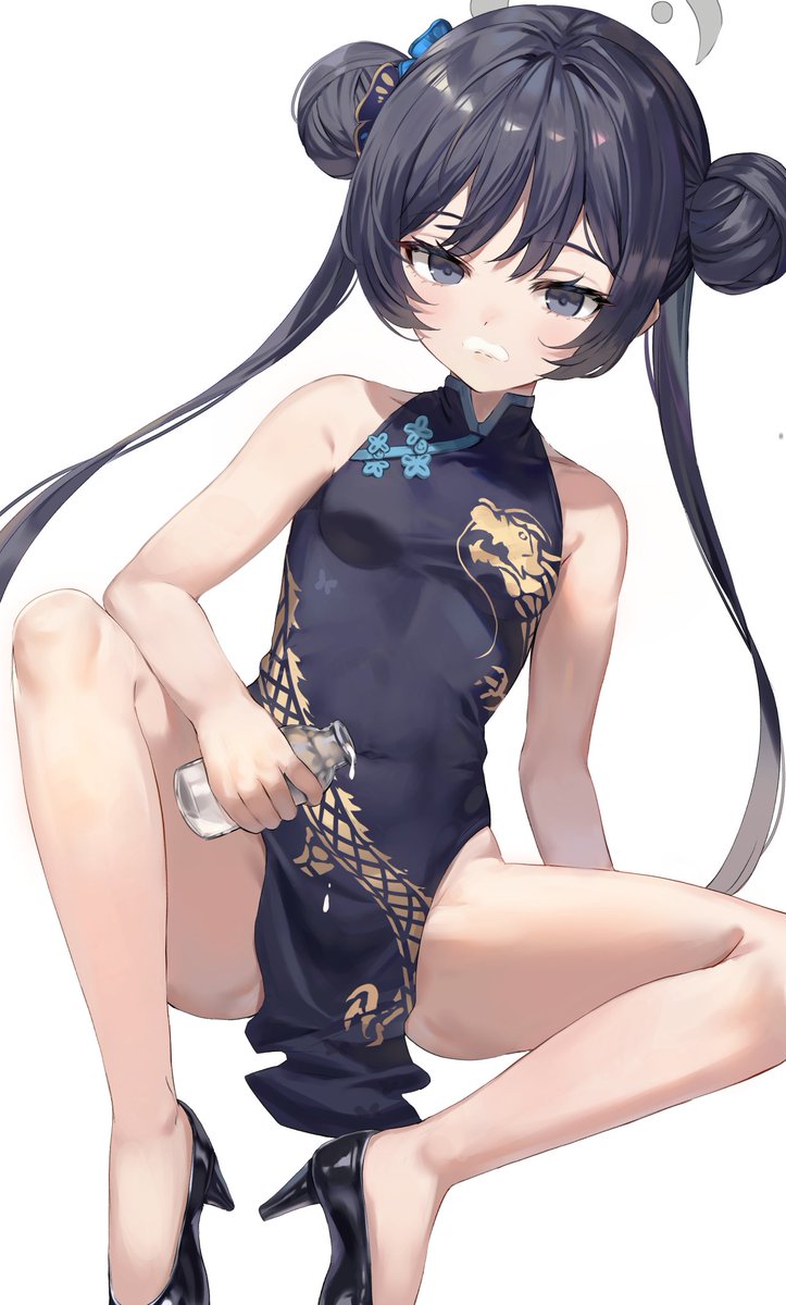 1girl, black_eyes, black_footwear, black_hair, blue_archive, blush, bottle, breasts