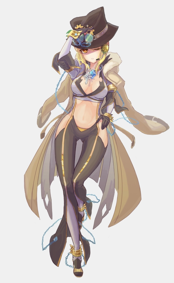 1girl, black_gloves, black_headwear, black_pants, black_sandals, blonde_hair, blue_gem, breasts