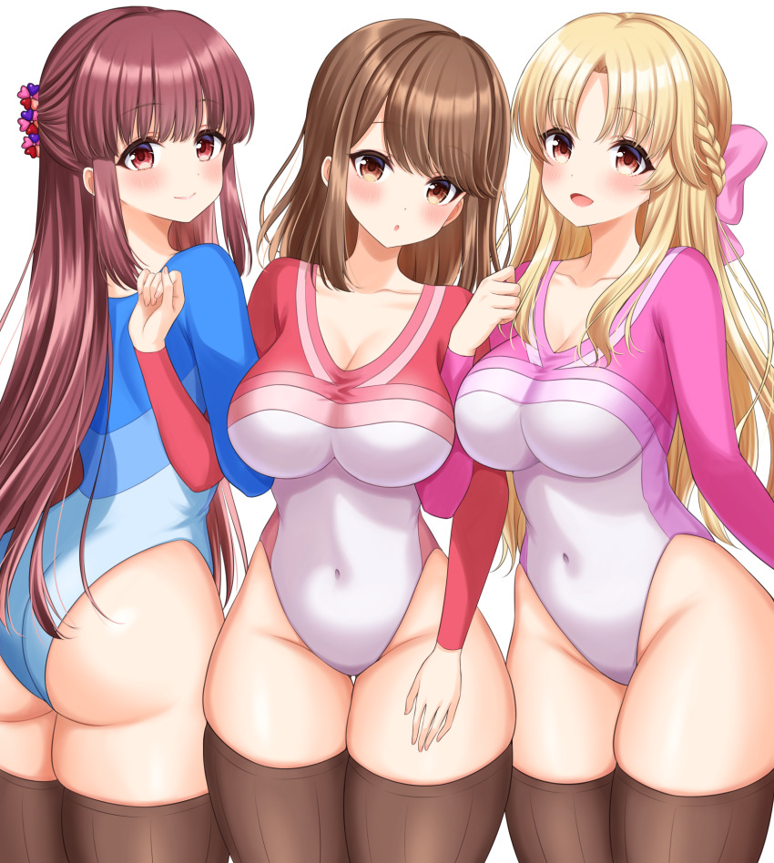 3girls, amatsu_kanata, blonde_hair, brown_hair, brown_socks, girlfriend_(kari), half_updo, highleg, highleg_leotard, highres, leotard, multicolored_leotard, multiple_girls, sasahara_nonoka, shina_kokomi, socks, two-tone_leotard