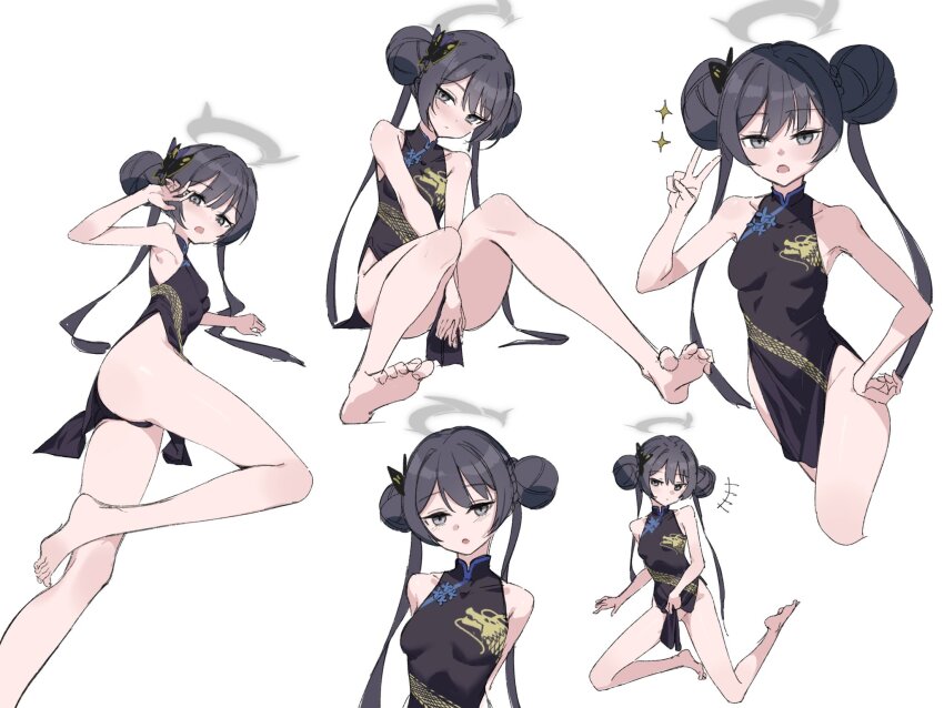 +++, 1girl, arms_between_legs, bare_legs, bare_shoulders, barefoot, black_hair, black_panties