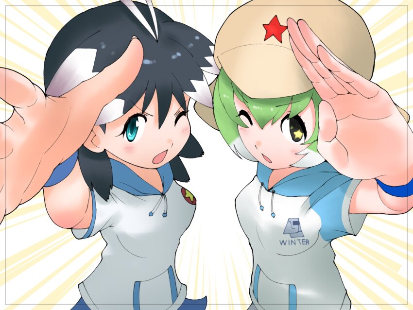 2girls, arcade_gamer_fubuki, black_hair, blue_eyes, cats_yone, green_eyes, green_hair, hat, highres, hood, hoodie, kemono_friends, kemono_friends_3, keroro_(kemono_friends), keroro_gunsou, looking_at_viewer, multicolored_hair, multiple_girls, one_eye_closed, open_mouth, sakuragasaki_fubuki, short_hair, simple_background, skirt, star_(symbol), two-tone_hair, white_hair, yoshizaki_mine_(style)