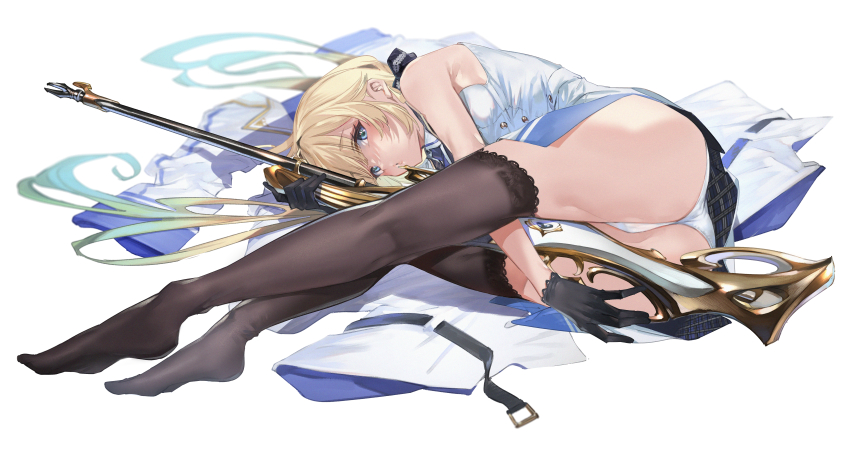 1girl, absurdres, aizawa_ema, aizawa_ema_(2nd_costume), ass, bare_shoulders, between_legs, black_gloves, black_thighhighs, blonde_hair, blue_eyes, blush, breasts, coat, commentary, dress, full_body, ga/ddd, gloves, gun, hair_ribbon, highres, holding, holding_weapon, lace, lace-trimmed_legwear, lace_trim, long_hair, looking_at_viewer, lying, medium_breasts, no_shoes, on_side, panties, puckered_lips, ribbon, rifle, short_dress, simple_background, sleeveless, sleeveless_dress, sniper_rifle, solo, thighhighs, underwear, unworn_coat, very_long_hair, virtual_youtuber, vspo!, weapon, white_background, white_panties