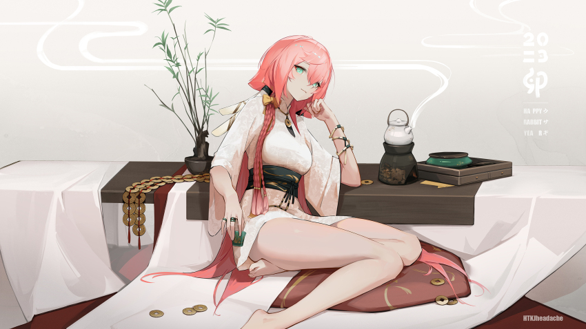 1girl, 2023, alternate_costume, antlers, bare_legs, barefoot, bow, bracelet