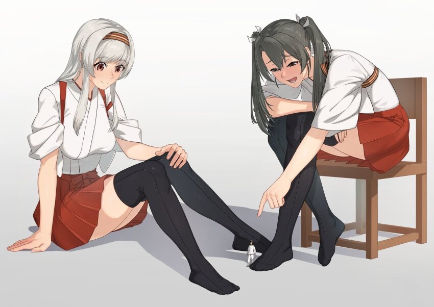 1boy, 2girls, admiral_(kancolle), blush, breasts, brown_eyes, chair, grey_hair