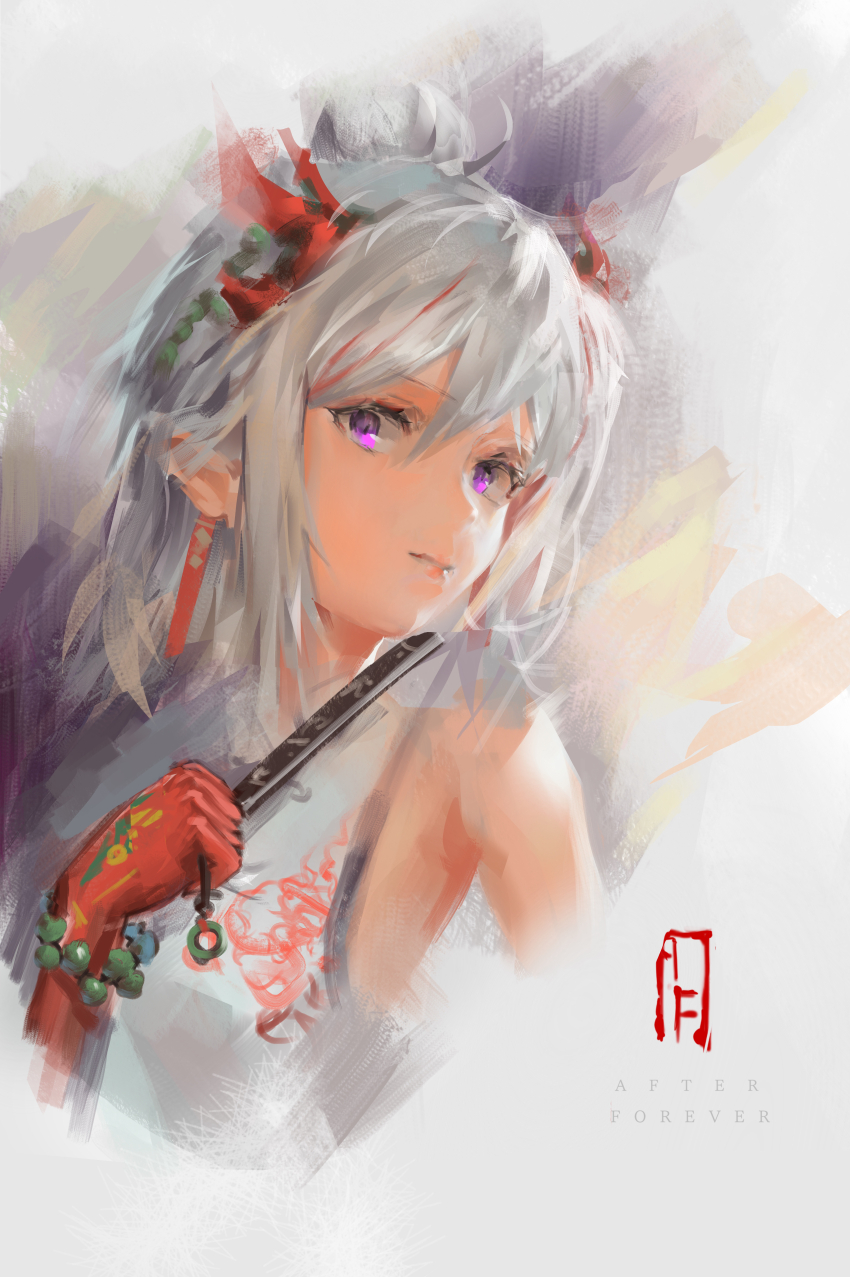 1girl, absurdres, afterforever, arknights, bad_id, bad_pixiv_id, bare_shoulders, bead_bracelet, beads, bracelet, colored_skin, cropped_torso, dragon_horns, dress, grey_hair, highres, holding, horns, jewelry, looking_at_viewer, multicolored_hair, nian_(arknights), nian_(unfettered_freedom)_(arknights), official_alternate_costume, ponytail, purple_eyes, red_hair, red_skin, sleeveless, sleeveless_dress, solo, streaked_hair, two-tone_hair, upper_body, white_dress