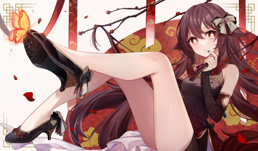 1girl, absurdres, alternate_costume, bare_legs, bare_shoulders, black_footwear, black_nails, bow