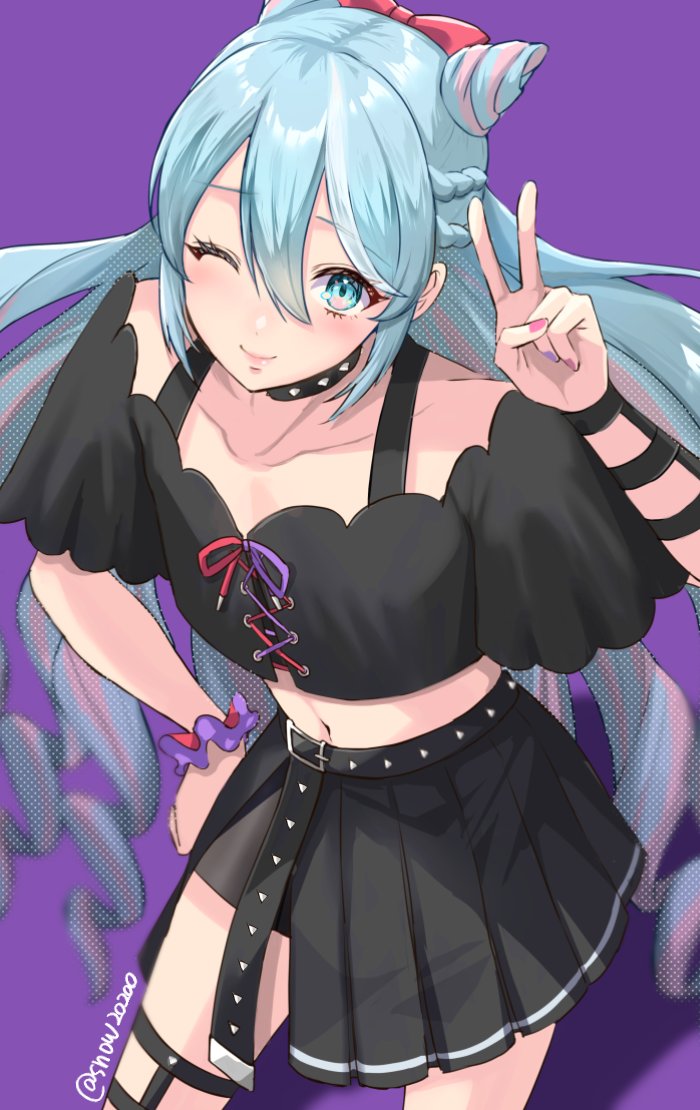 1boy, androgynous, belt, blue_eyes, blue_hair, bow, choker, eyelashes, fire_emblem, fire_emblem_engage, gloves, hair_between_eyes, hair_bow, hand_on_own_hip, light_blue_hair, long_hair, looking_at_viewer, male_focus, multicolored_hair, navel, nintendo, one_eye_closed, open_mouth, pink_hair, rosado_(fire_emblem), simple_background, skirt, smile, snow20200, solo, trap, two-tone_hair, v