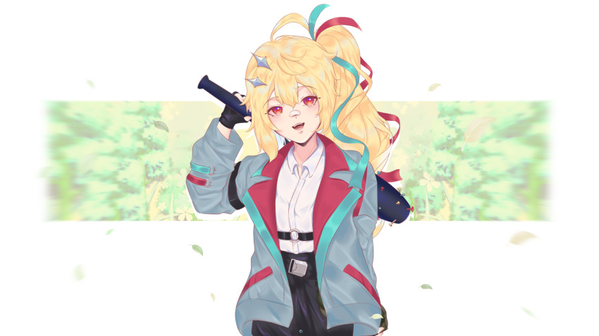 1girl, baseball_bat, belt, blonde_hair, commission, explosive, grenade, hair_ornament