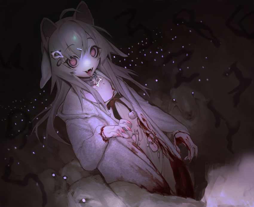 1girl, animal, animal_collar, animal_ears, blood, blood_on_clothes, blood_on_hands, bone_necklace