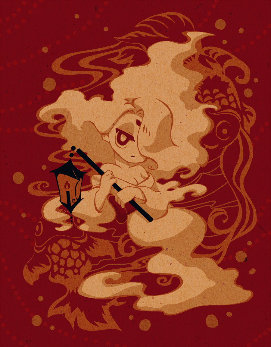 1girl, bare_shoulders, breasts, candle, cleavage, enraenra_(youkai_watch), fire, fish