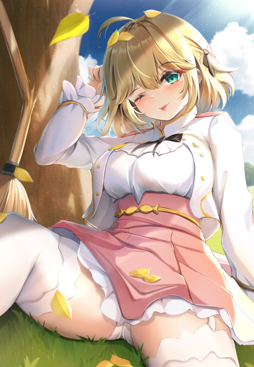 1girl, ;p, ahoge, anisphia_wynn_palettia, arm_up, black_ribbon, blonde_hair, blue_sky, breasts, broken, broken_broom, broom, cloud, commentary_request, day, feet_out_of_frame, grass, green_eyes, hair_between_eyes, hair_ribbon, head_tilt, highres, jacket, leaf, leaf_on_head, looking_at_viewer, mctom, medium_breasts, on_ground, one_eye_closed, one_side_up, panties, pink_skirt, pleated_skirt, ribbon, shirt, sitting, skirt, sky, solo, spread_legs, tensei_oujo_to_tensai_reijou_no_mahou_kakumei, thighhighs, tongue, tongue_out, underwear, white_jacket, white_panties, white_shirt, white_thighhighs