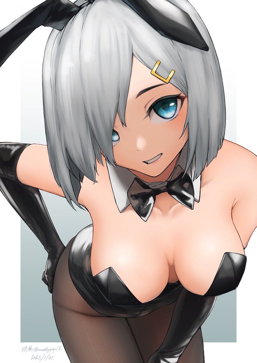 1girl, animal_ears, black_leotard, black_pantyhose, blue_eyes, bow, bowtie, breasts