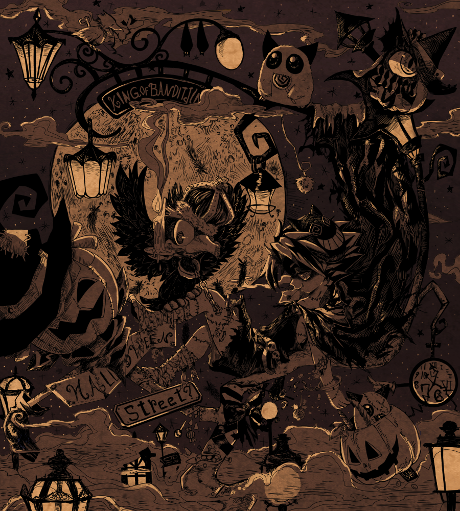 1boy, @_@, analog_clock, bandaged_foot, bandages, bat_(animal), candle, candlestand, candy, cape, clock, cloud, copyright_name, crown, cuffs, envelope, falling_feathers, fangs, feathers, food, halloween, halloween_bucket, handcuffs, hat, holding, holding_candle, jack-o'-lantern, jing_(jing_king_of_bandits), jing_(ou_dorobou_jing), jing_king_of_bandits, kir_(jing_king_of_bandits), lamppost, lollipop, lying, male_focus, mask, mask_on_head, monochrome, moon, mouth_hold, nonana_(mikudrop), on_back, scar, short_hair, sign, smoke, spiked_hair, star_(sky), stitched_arm, stitched_leg, stitched_torso, stitches, winding_key, witch_hat