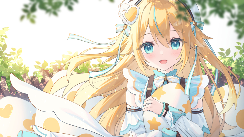 1girl, :d, backlighting, blonde_hair, blue_eyes, blue_hair, chidori_hina_(vtuber), commentary_request