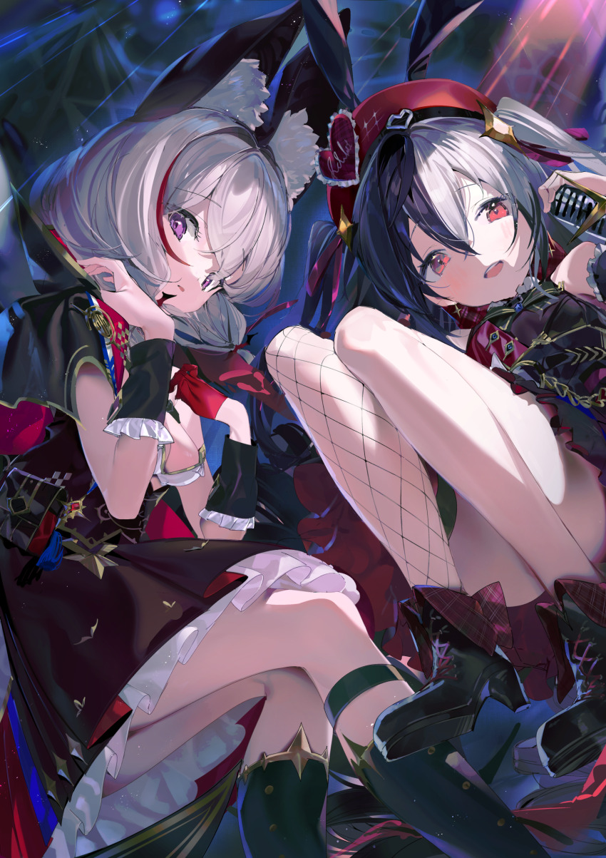 2girls, absurdres, aida_(chinhung0612), animal_ear_fluff, animal_ears, bat_ears, beret, black_dress, black_footwear, black_hair, boots, breasts, camelia_(echocalypse), capelet, cleavage, commentary, dorothy_(echocalypse), dress, echocalypse, frilled_cuffs, gloves, gold_trim, grey_hair, hair_between_eyes, hair_ribbon, hat, high_heel_boots, high_heels, highres, long_hair, looking_at_viewer, medium_hair, multicolored_hair, multiple_girls, open_mouth, parted_lips, purple_eyes, rabbit_ears, red_eyes, red_gloves, red_hair, red_headwear, red_ribbon, ribbon, single_fishnet_legwear, single_glove, small_breasts, streaked_hair, teeth, two-tone_hair, two_side_up, upper_teeth_only