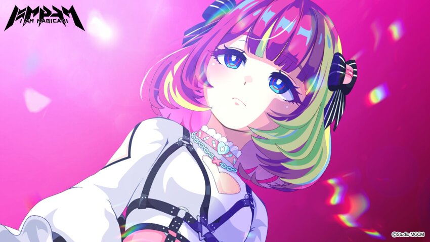 1girl, artist_request, avaritia_(magicami), blue_eyes, blunt_bangs, garter_straps, green_hair, highres