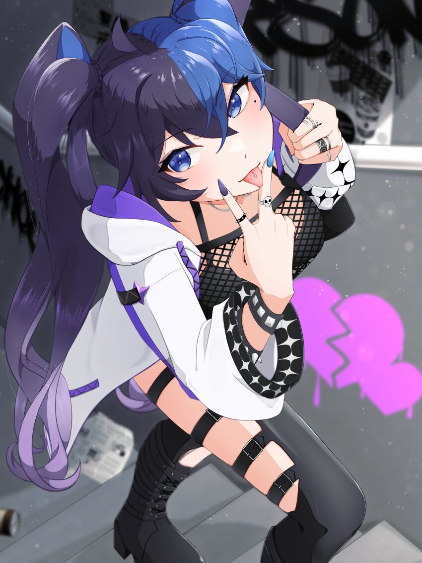 1girl, absurdres, ahoge, armlet, black_bra, black_footwear, black_hair, black_hoodie