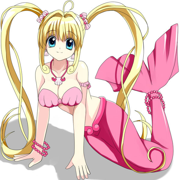 00s, 1girl, arm_support, armlet, bikini, blonde_hair, blue_eyes, bracelet, breasts, cleavage, earrings, female_focus, hair_ornament, jewelry, kneeling, large_breasts, long_hair, looking_at_viewer, mermaid, mermaid_melody_pichi_pichi_pitch, miru, monster_girl, nanami_lucia, nanami_lucia_(mermaid), necklace, pendant, seashell, shadow, shell, shell_bikini, shell_earrings, simple_background, smile, solo, twintails, white_background