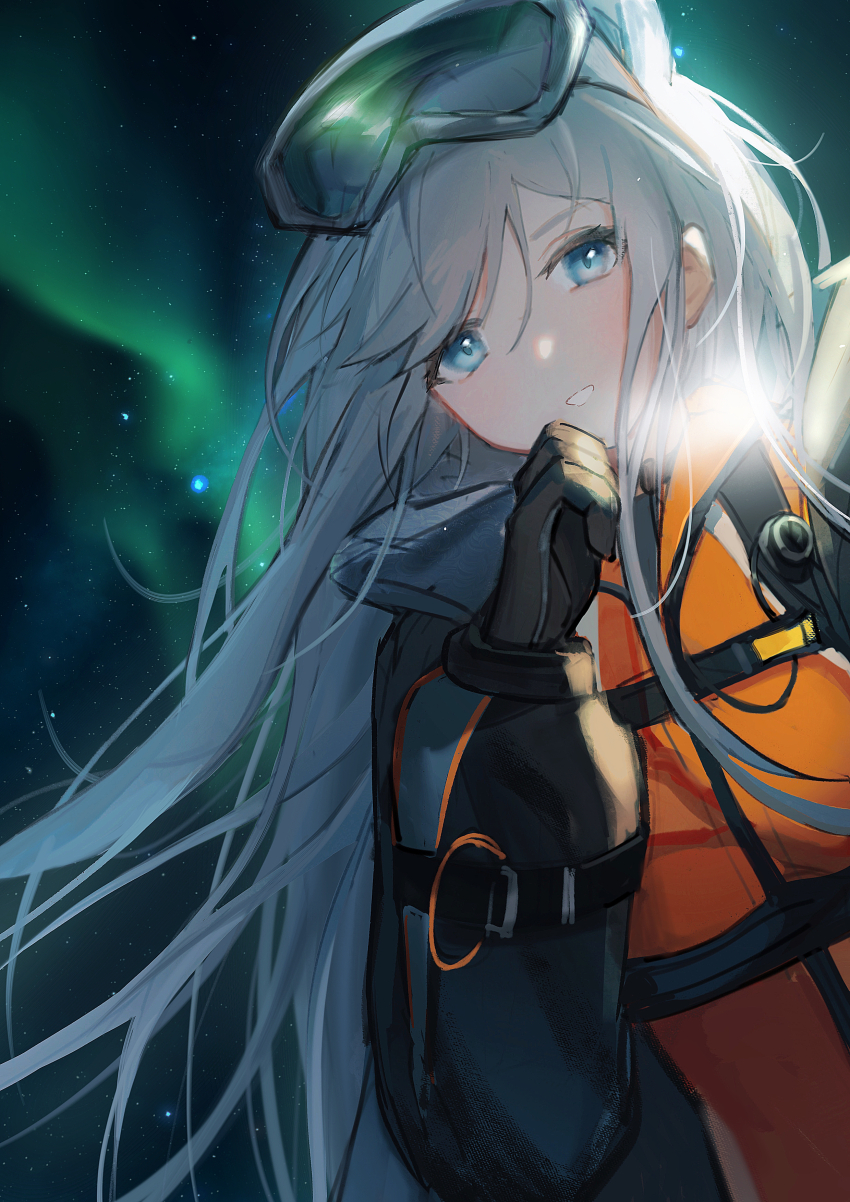 1girl, absurdres, arknights, aurora, aurora_(arknights), aurora_(polar_catcher)_(arknights), black_gloves, blue_eyes