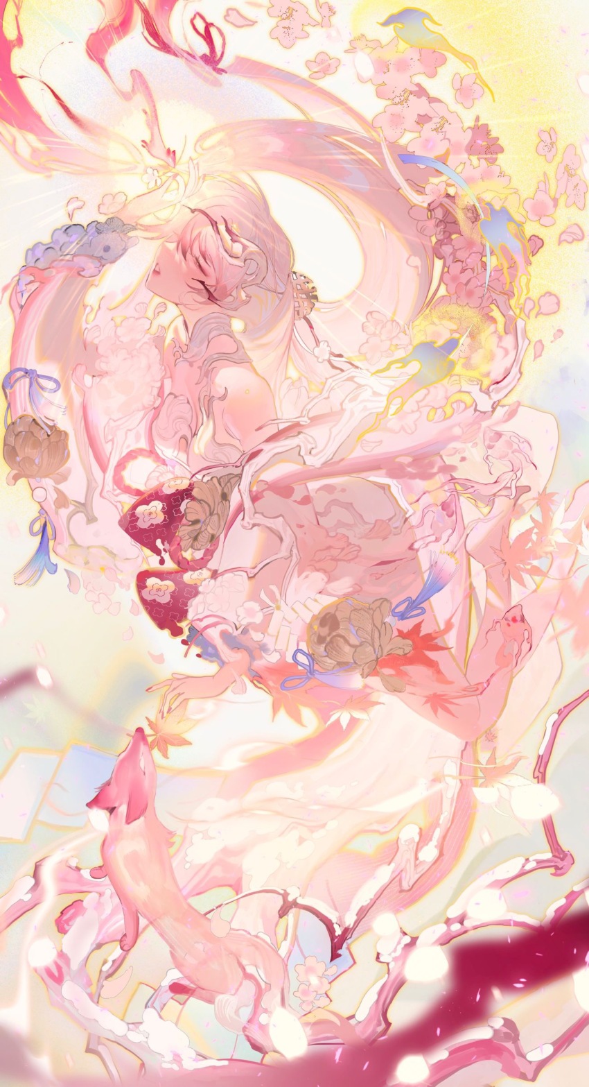 1girl, absurdres, cherry_blossoms, colored_tips, highres, horns, japanese_clothes, long_hair