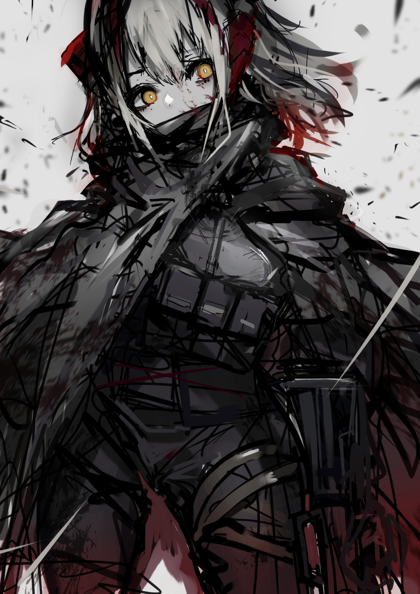 1girl, absurdres, arknights, blurry, bright_pupils, chuhaibane, cloak, commentary